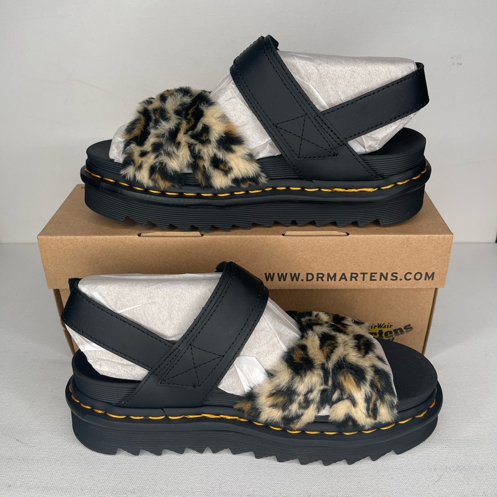Dr. Martens Voss II Fluffy Leopard Print Sandals - Picture 2 of 11
